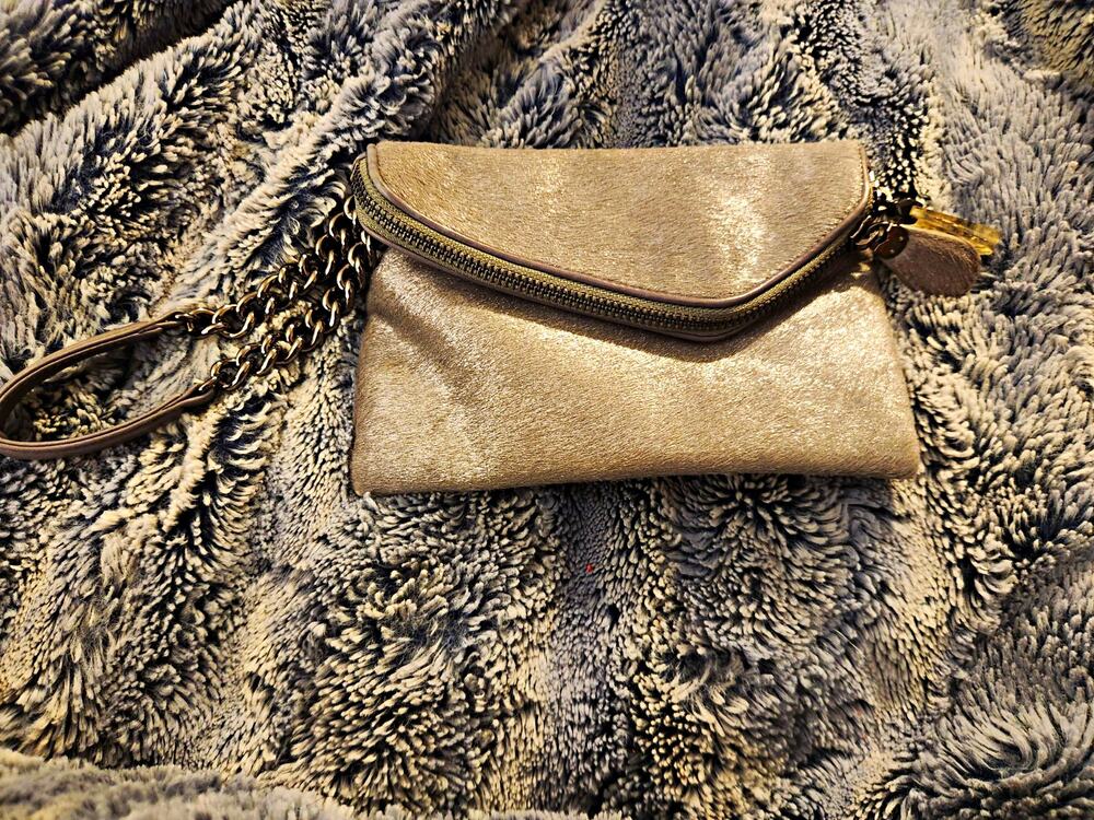 Henri Bendel Metallic Haircalf Clutch Wristlet Chain Girl Dog Zipper Pull